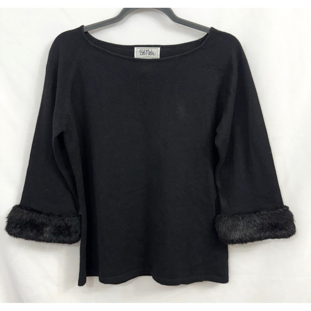 VTG Bob Mackie Studio Black Silk Angora Sweater Faux Fur Cuffs Womens Size M